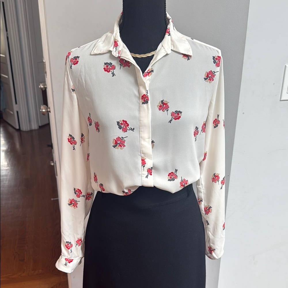 LOFT White and Red Button Down Blouse with Notched Collar